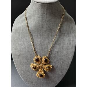 Kenneth Lane KJL Tigers Eye Carbachon Cross Necklace Vintage Gold Tone 24”